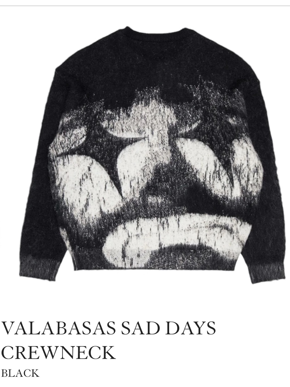 VALABASAS SAD DAYS CREWNECK Black & White Fuzzy  Sweater Mens M wool goth retro